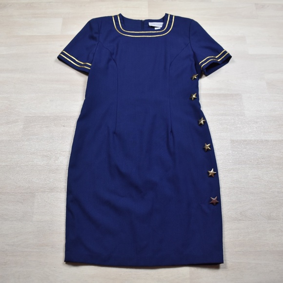 80s Jessica Howard LSheath Dress Navy Blue Gold Stars Americana 14 VTG - Picture 1 of 8